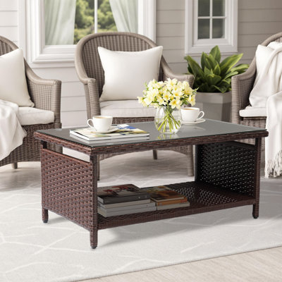 2-Layer Brown Outdoor Wicker Coffee Table With Glass Tabletop