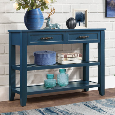 Buffet console avec 2 tiroirs de rangement et 2 tablettes de style Mid-Century Buffet en bois massif de style Mid-Century pour meubles de salon, cuisine, salle à manger, entrée, couloir, bleu marine