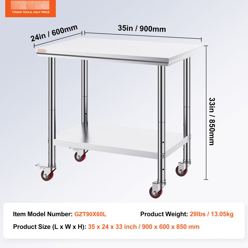Table de travail de 36 po x 24 po en acier inoxydable avec 4 roulettes pour le rangement des aliments dans la cuisine - conception utilisateur et structure stable à 3 niveaux