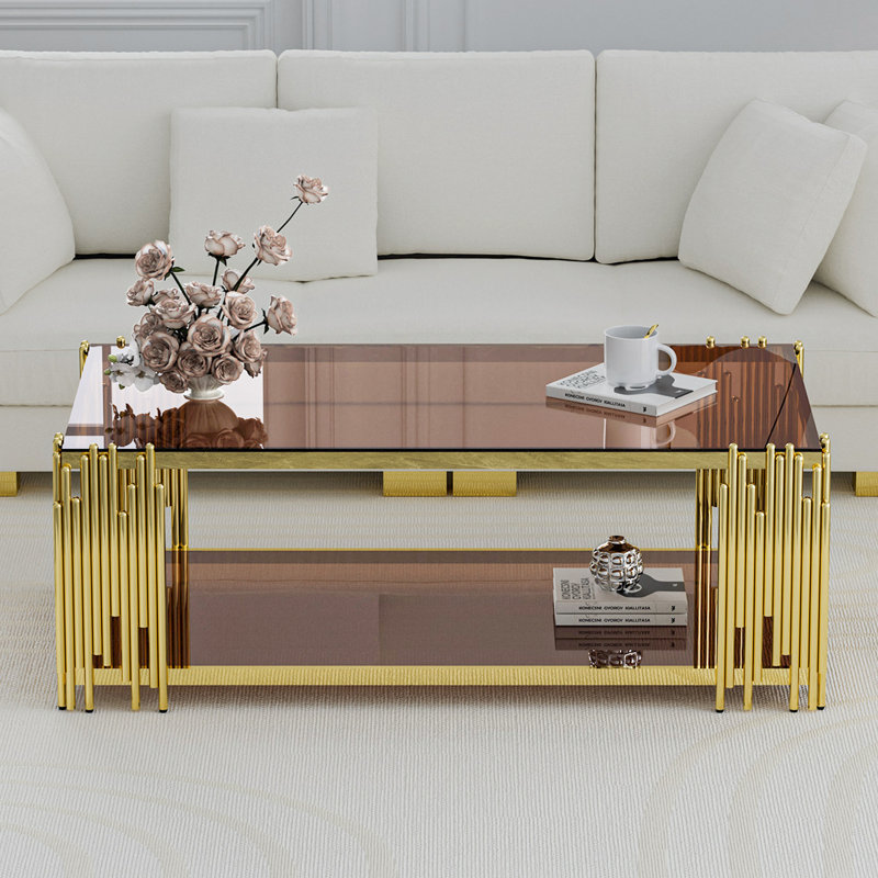Kyric 43.3" L x 23.6" W 2-Tier Rectangular Glass Top Coffee Table For Living Room