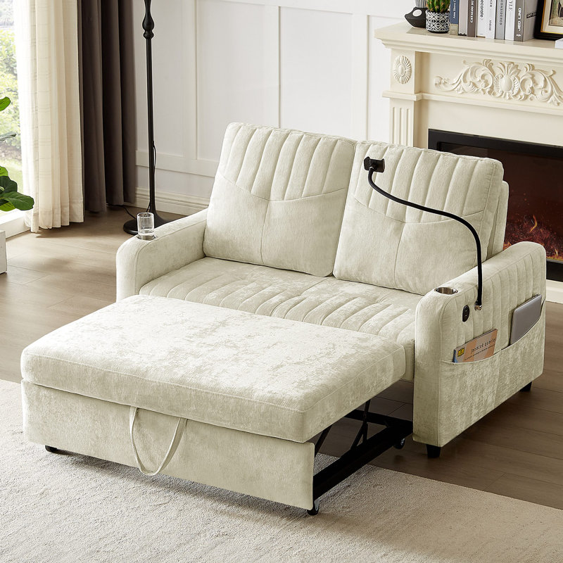 Canapé-lit de 53,9 po avec causeuse moderne avec dossier réglable, deux porte-gobelets, un support pour téléphone, trois ports de chargement et des poches de rangement latérales pour le salon