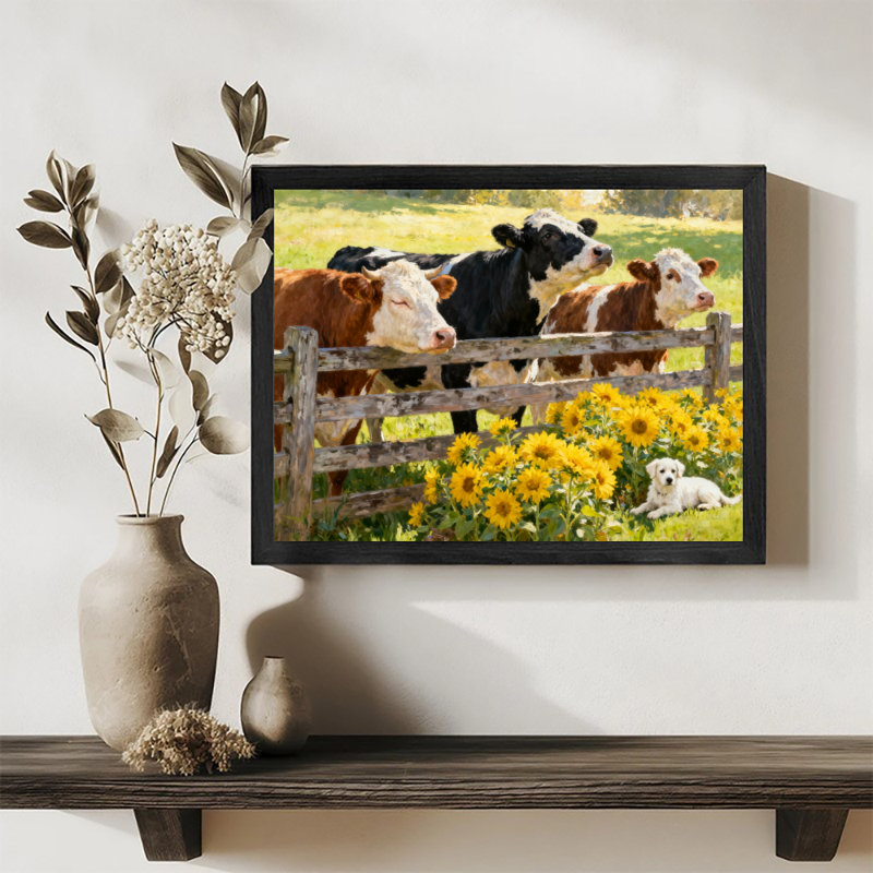 Art encadré noir rétro Les vaches en attente de tournesols dans la clôture, impressions sur toile de style rétro