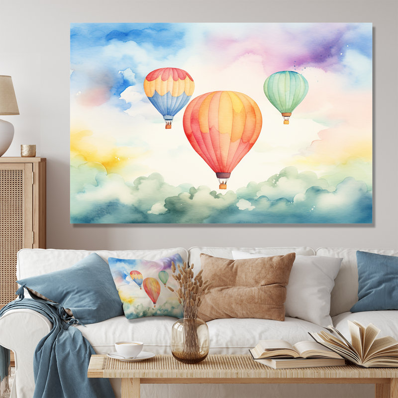 Vert et rouge, aquarelle, montgolfière Horizon III - montgolfière, art mural, Toile tendue, H 40 po x l 60 po x P 1,5 po