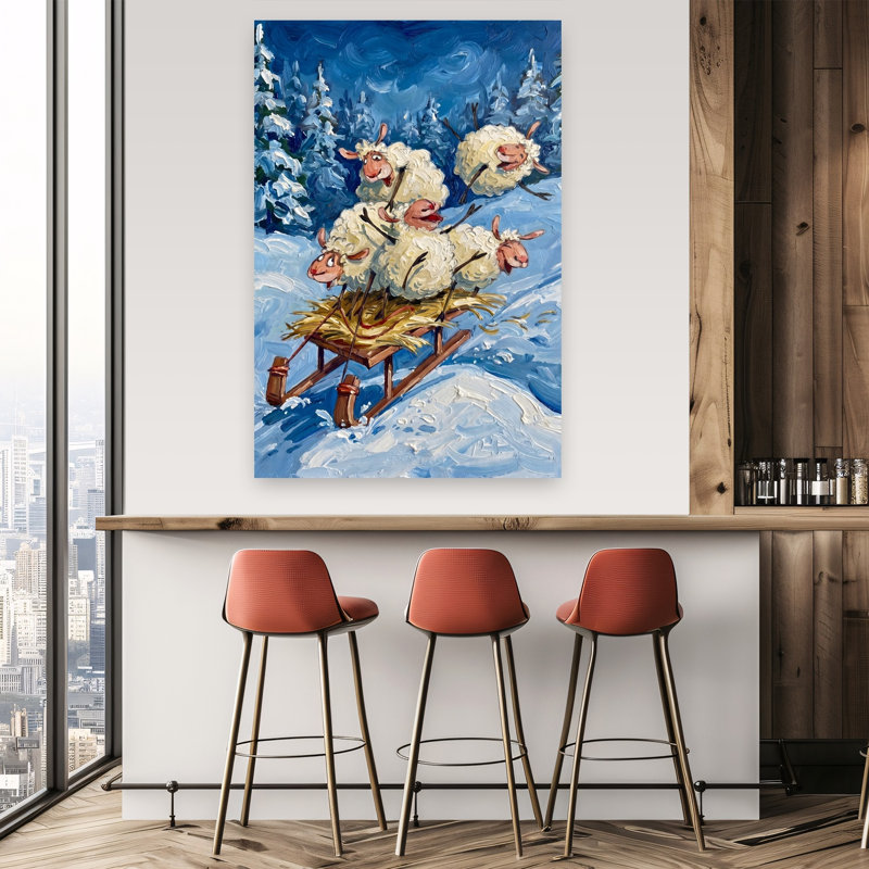 Sledding Sheep Fun Playful Abstract Contemporary Evergreen Tree Winter Landscape Wall Art Print, 152.4cm H x 101.6cm W