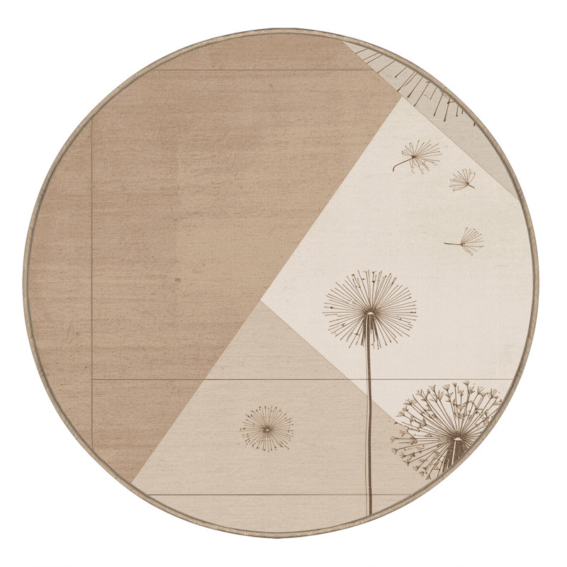 Machine Washable Ortmund Dandelion Minimalist Clear Rug in Brown – Beige Binding, 6' Round