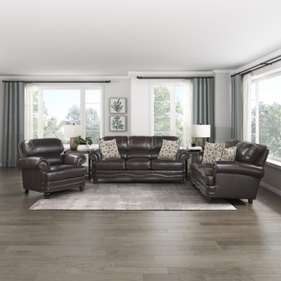 Daishun Traditional Breathable Faux Leather 3-Piece Living Room Set with Classic Roll Arms, Nailhead Trim & 4 Decorative Pillows by Charlton Home