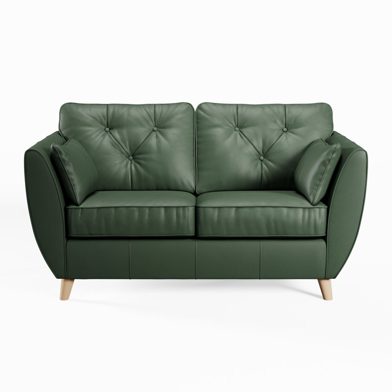 Marylin 2 Seater Leather Tufted Sofa, Hunter Green, Light Wood