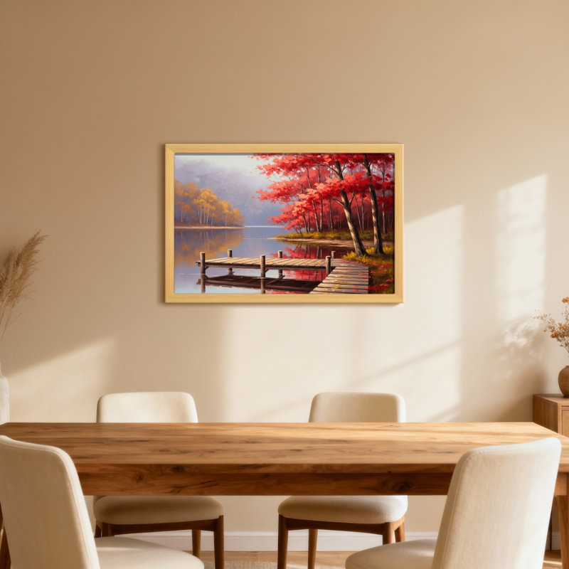 Plantes et fleurs, automne, lac, quai, arbres rouges, reflet, scène paisible, H 12 po x l 18 po, Toile tendue