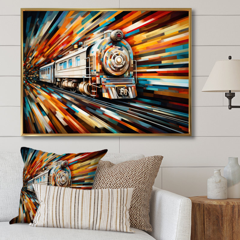 Abstract Train Geometric Express I - Transportation Wall Decor, Cadre flottant doré, H 30 po x l 40 po x P 1,5 po