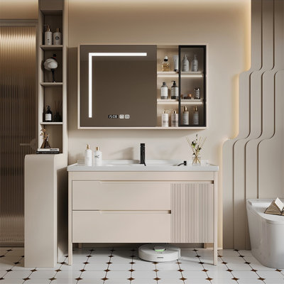 44.09"Beige Solid Wood Rubberwood Freestanding Bathroom Washbasin Vanity With a Mirror Cabinet