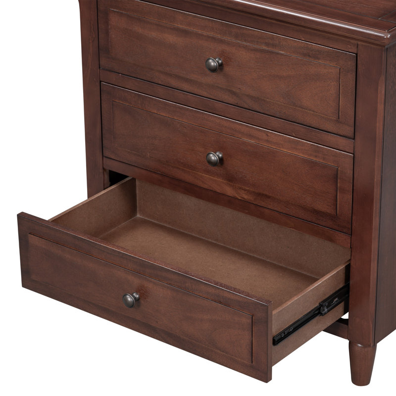 Table de chevet traditionnelle à 3 tiroirs avec pieds en bois massif Albers (ensemble de 2), Brun