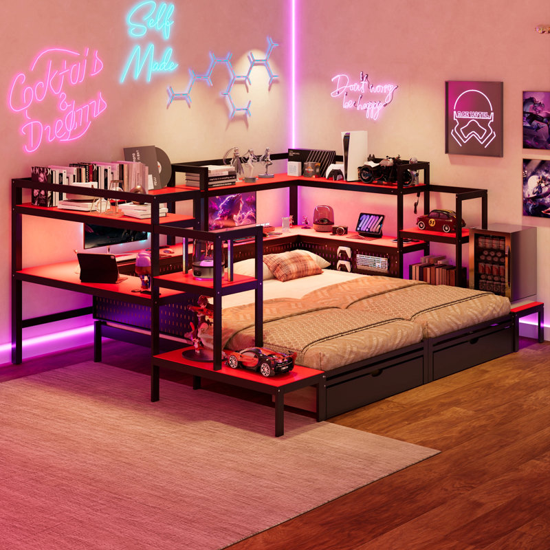Lit de jour simple pour lit de jeu avec bureau intégré et éclairage à DEL, cadre de lit moderne en bois avec 3 tiroirs de rangement et station de charge intégrée, bibliothèque multifonctionnelle noir et rouge