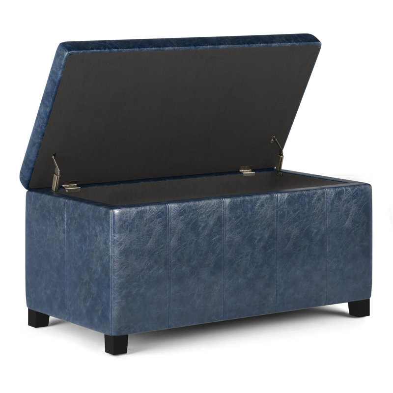 Dover 36"W Upholstered Storage Ottoman Bench with Lift-Top and Large Interior Storage, Denim Blue Faux Leather