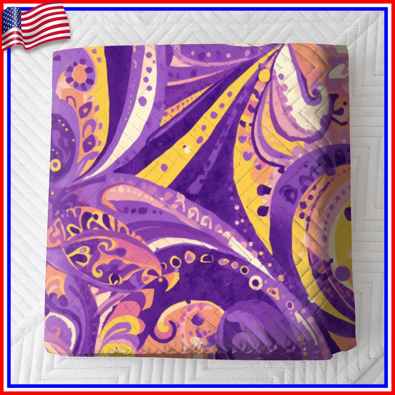 Couvre-lit matelassé mauve à motif cachemire jaune , Très grand lit