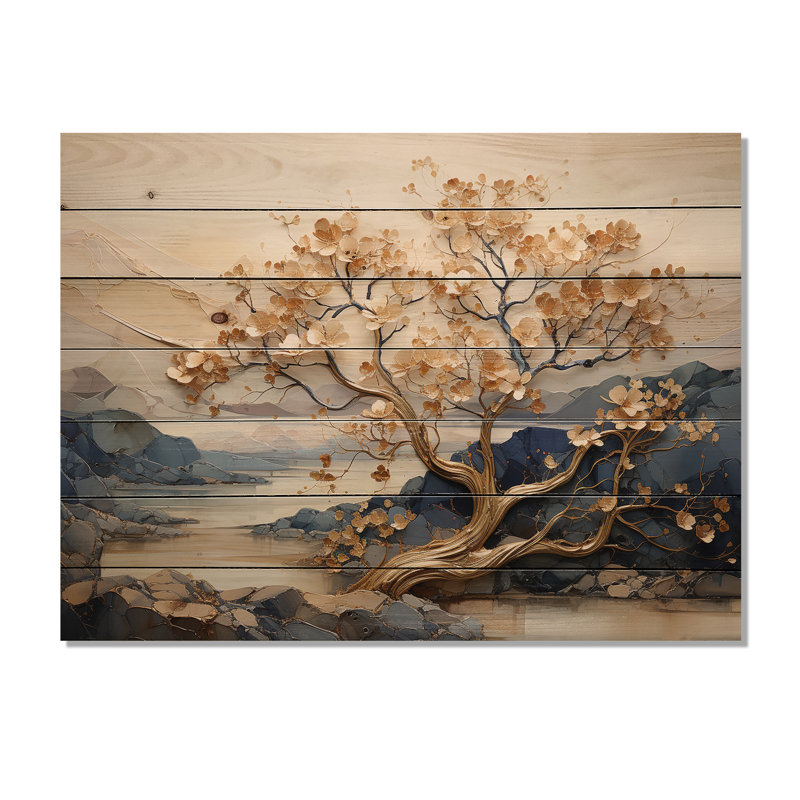 Gilded Beauty Maple Tree I - érable sur bois, art sur bois de pin naturel, H 10 po x l 20 po