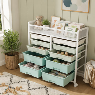 White Large Capacity 2-Row 10-Drawer Rolling Storage Cart, Metal Mesh Top Utility Organizer with Wheels for Kitchen, Bathroom, Bedroom, Office