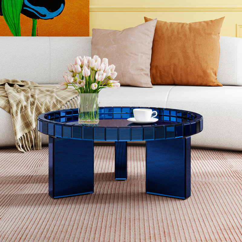 Round Glass Coffee Table Cocktail Table Tray Top 80x80cm, Blue