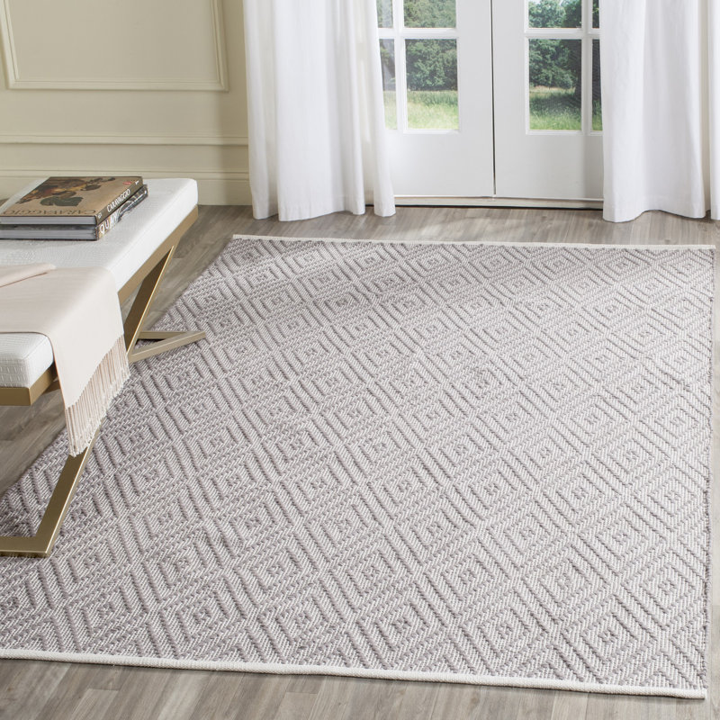 Tapis gris / ivoire en coton tissé à plat à la main Akihito, Rectangle 10 pi x 14 pi