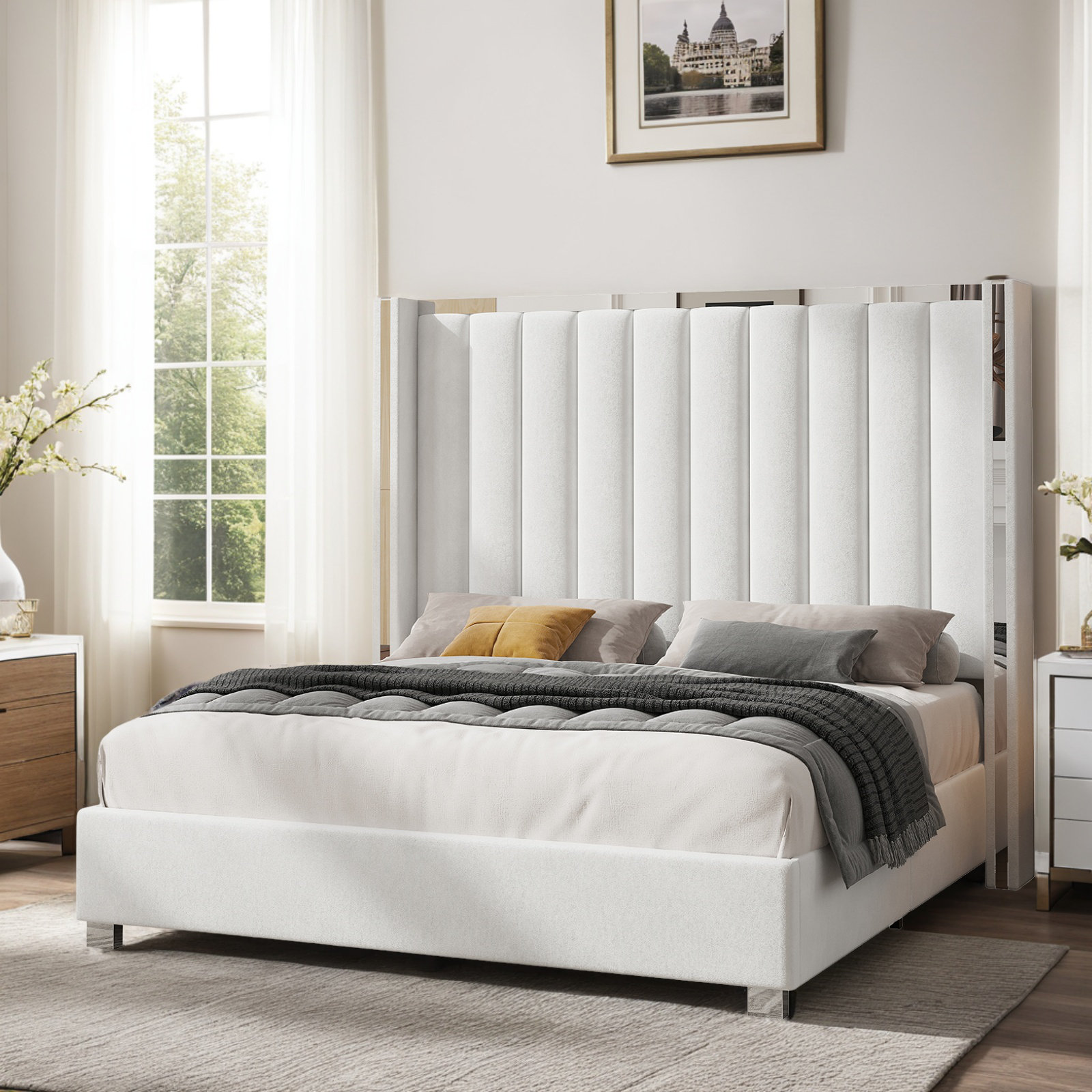 Mercer41 Gerasim Bed Frame with 58" Tall Headboard, Velvet Upholstered Platform Bed & Reviews | Wayfair