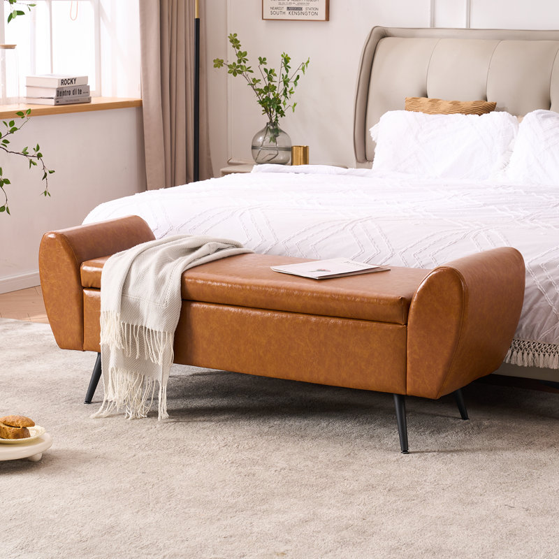 Shaneta 55"W Vegan Leather Storage Bench Storage Ottoman for King Size Bed, Camel
