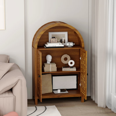 Hand-Carved Arched Cabinet, Solid Wood Storage Cabinet with Open Shelf & 2 Doors, Tall Narrow Accent Cabinet for Living Room, Bedroom, Entryway