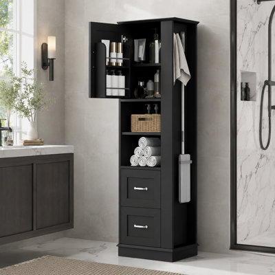 Grande armoire à linge de salle de bain autoportante avec rangement pour porte, 2 tiroirs, tablettes réglables et crochet latéral