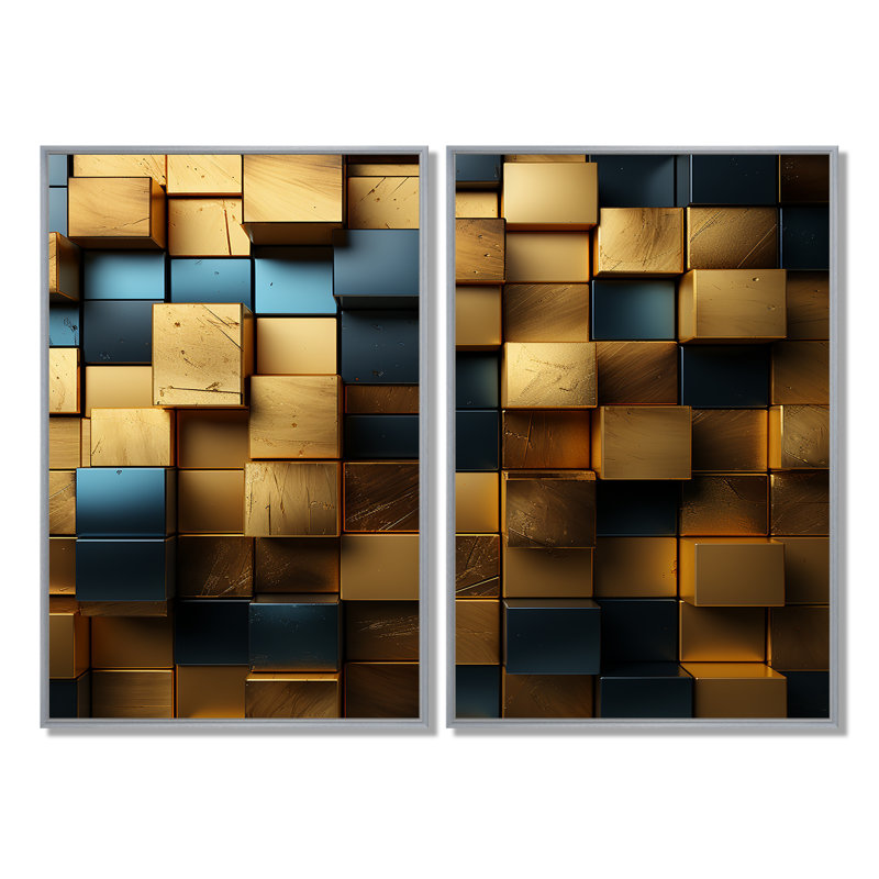 Cubes dorés abstraits géométriques II - impressions sur toile géométriques abstraites, Argent argent, H 36 po x l 48 po
