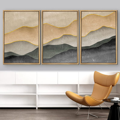 Abstract Landscape " IDEA4WALL Framed Wall Art Print Set Tan Black Mountain Valley Gradient Abstract Shapes Illustrations Modern Decorative Multicolor Relax/Calm Boho For Living Room, Bedroom, Office " 3 - Pieces
