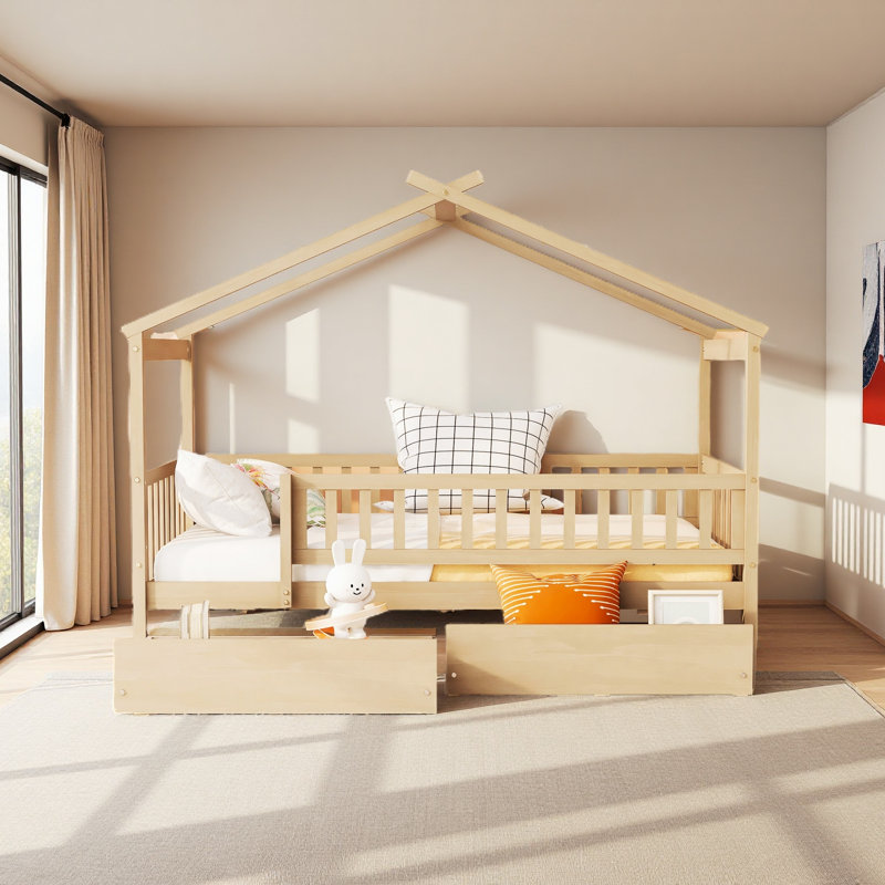 Lit simple en bois avec deux tiroirs, Naturel