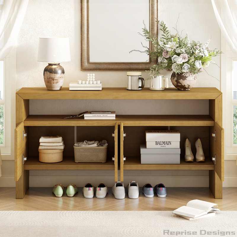 60" 4-Door Storage Sideboard with Open Shelf, Natural