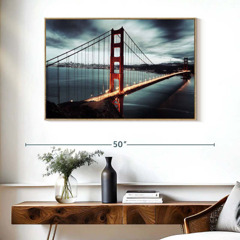 Golden Gate Bridge Storm Clouds, Floating Frame Natural Wood, 40" X 27"
