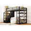 Lit mezzanine double en métal avec tablettes de rangement, armoires et garde-robe, noir