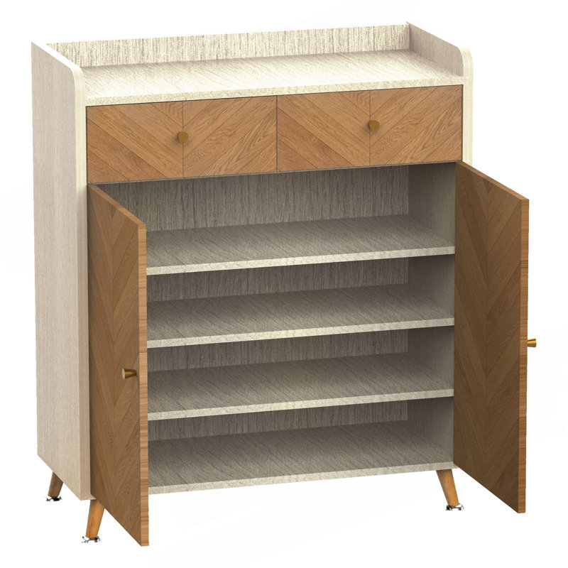 Shoe Cabinet, 4-Tier Shoe Rack Organizer With 2 Drawer, Herringbone Wooden Freestanding Shoe Storage Cabinet With 2 Door & Adjustable Shelves For Entryway Hallway