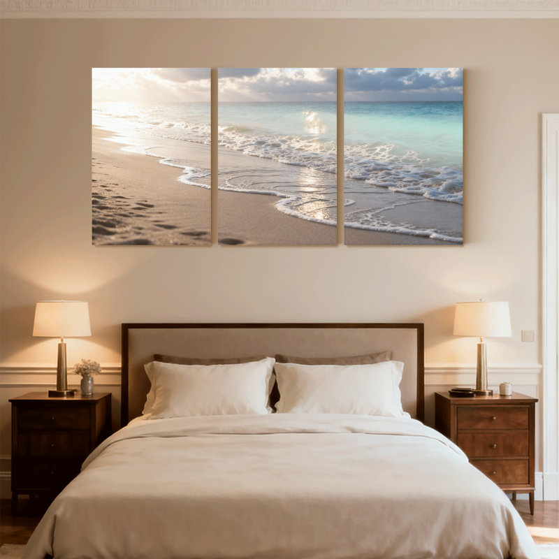 Plage, coucher de soleil, plage, vagues, ciel de sable, océan, horizon, nuages, ensemble de 3 impressions sur toile