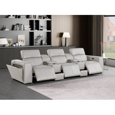 Top Grain Italian Leather Modular Power Triple Reclining Sofa With Dual Consoles & Power Adjustable Headrests
