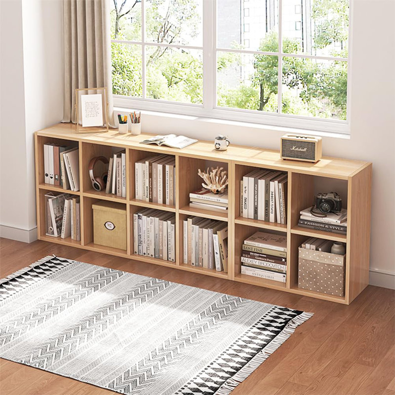 8-Grid Cube Storage Bookcase, Simple Compartment Open Bookshelf, Oak Colour