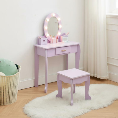 Ensemble de coiffeuse pour enfants avec miroir lumineux - tabouret et ensemble de maquillage en bois, ensemble complet de coiffeuse pour filles pour 4 à 9 ans, mauve