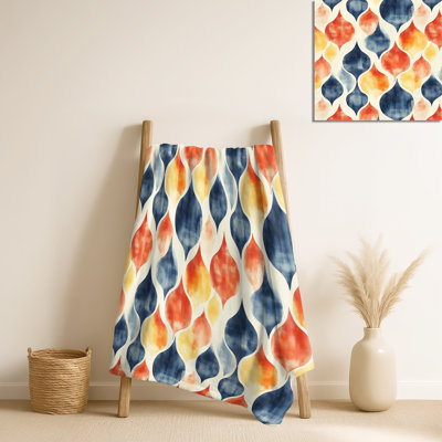 Bleu et orange Geo Ikat II - couverture en peluche contemporaine, jeté en molleton minimaliste