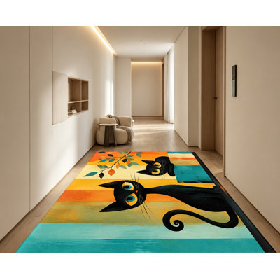 Tapis abstrait moderne, motif floral chat noir, couleurs artistiques et vibrantes, antidérapant, idéal pour le salon, la chambre à coucher, l'entrée, la cuisine, le balcon ou un appartement.