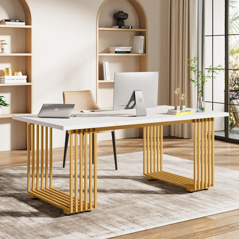 70.9” Modern Executive Desk, Large White Computer Desk with Gold Metal Legs, Wooden Office Desk for Home Office