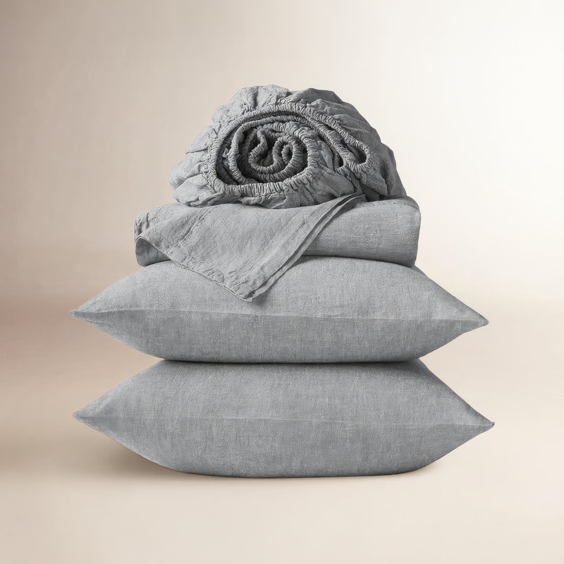 Ensemble de draps en lin organique, Ensemble de draps pour grand lit avec 2 taies d'or, Ardoise Chambray