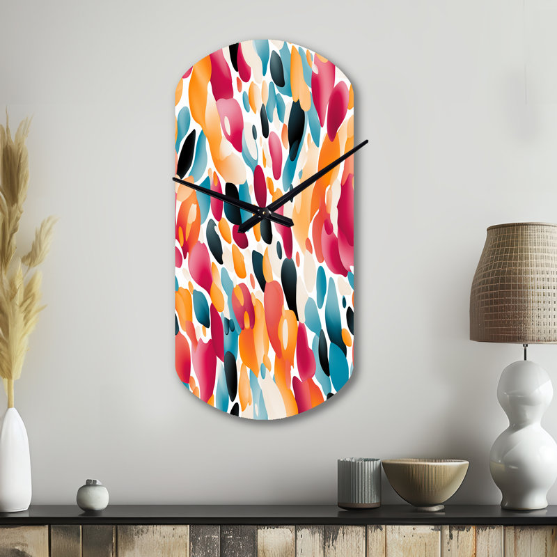 «Pink and Blue Vibrant Abstract Wilderness» - horloge murale asymétrique abstraite en métal, impression d'horloge murale cylindre magenta