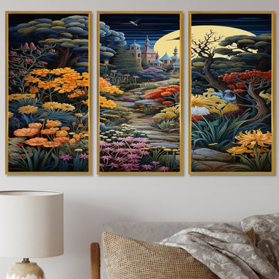 Ensemble de salon coloré avec chemin de fleurs et pleine lune magique - fleurs