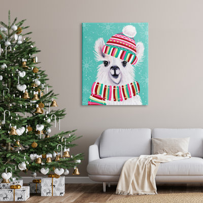 " Festive Winter Llama Portrait Snowy Weather Scarf Hat " by Elizabeth Tyndall
