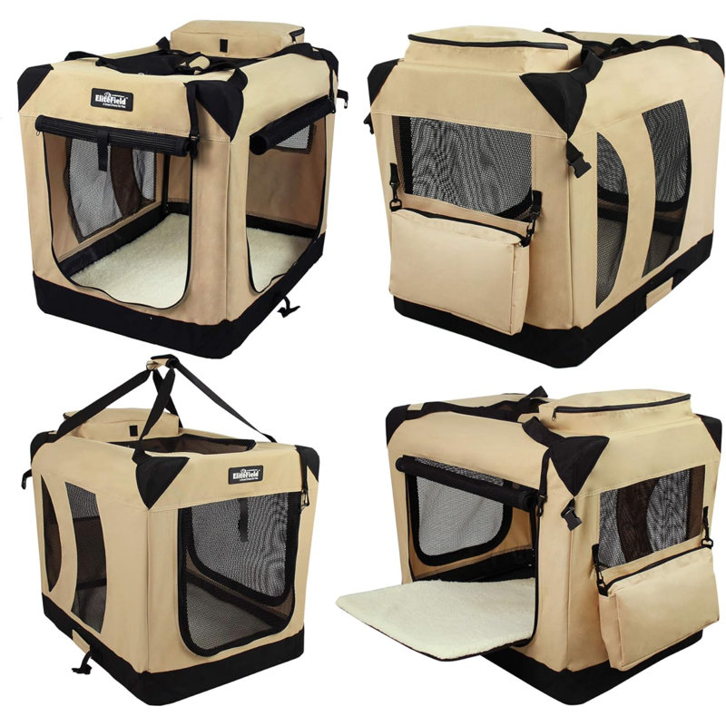 Cage pour chien pliante à 3 portes avec sac de transport et lit molletonné, H 21 po x l 18 po x P 24 po, Beige