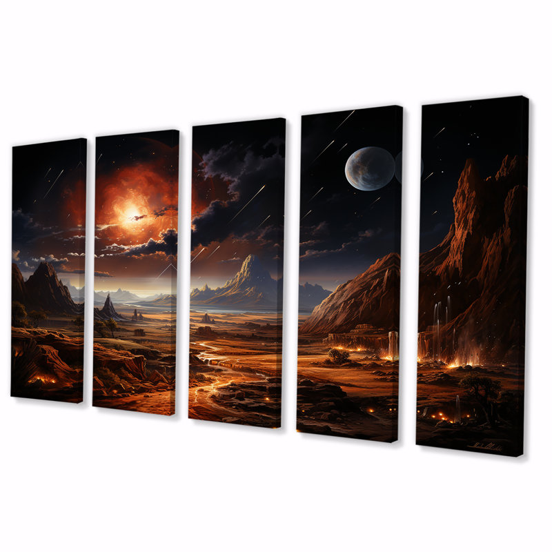 Futur Cosmic Sunrise On Moon II - Planets 5 Piece Wall Art Decor Set, 28" H x 60" W