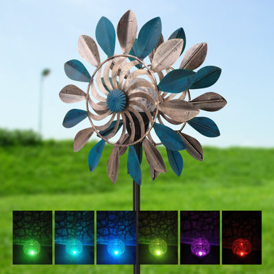 Éolienne solaire à vent, 7 lumières solaires de jardin à DEL changeantes avec feuilles en métal, essoreuse à vent décorative extérieure imperméable pour la cour de jardin