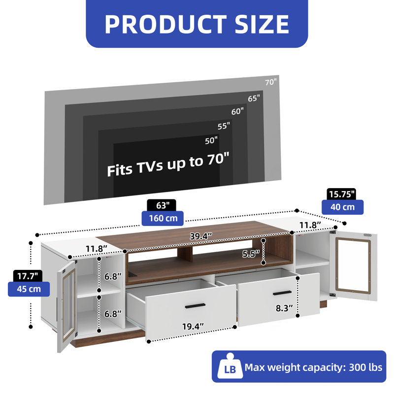 63" Sleek Modern Media Console with power Outlet, Brown/White