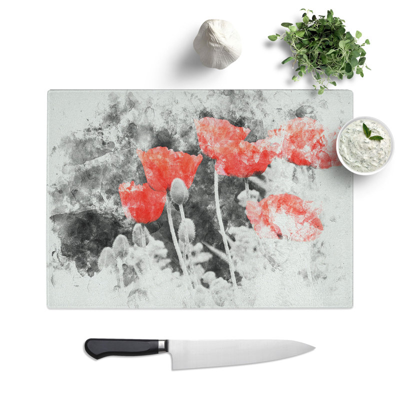 Tempered Glass Red Poppy Field Chopping Board, 20 cm x 28.5 cm
