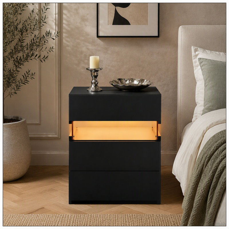 Commode à 3 tiroirs pour table de bout avec tables en acrylique et tables de chevet à DEL (tables de chevet à DEL), Noir
